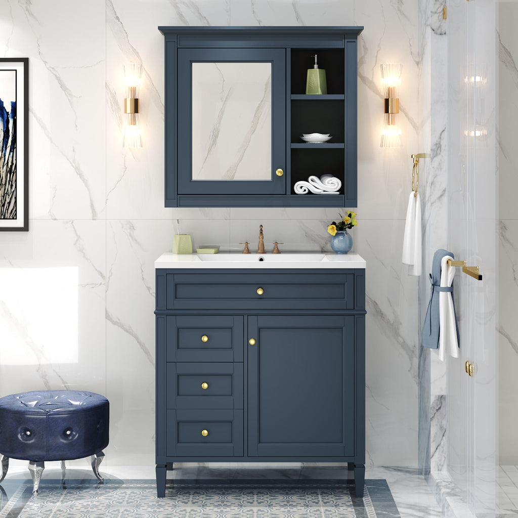 Bathroom Vanity With Medicine Cabinet, Royal Mirror Cabinet, Modern Bathroom Storage Cabinet With 2 Soft Closing Doors And 4 Drawers