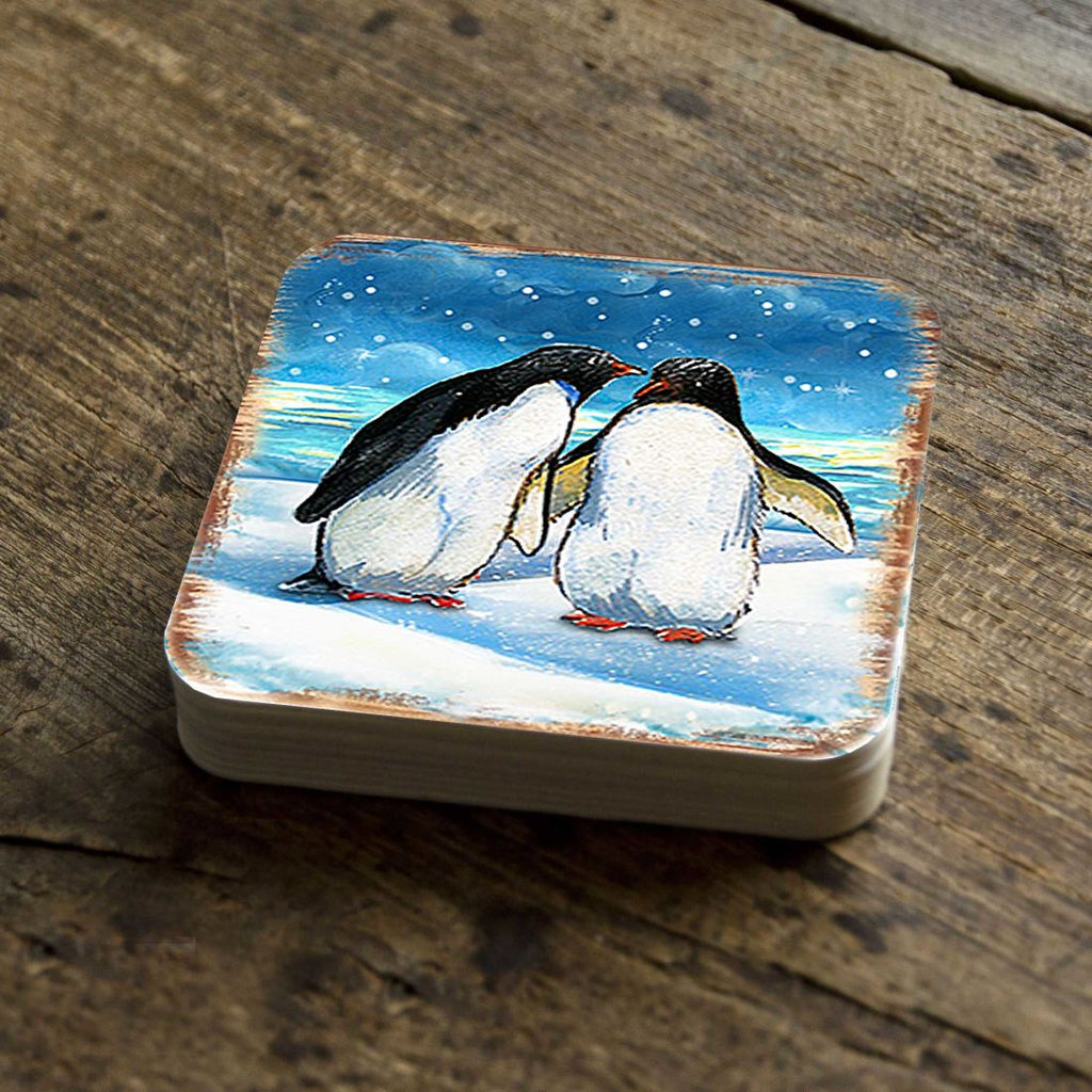 Penguins Coastal Wooden Cork Coasters Gift Set of 4 by Nature Wonders - Coastal Sea-Life Decor - 8198542C-S4