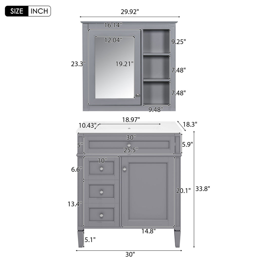 Bathroom Vanity With Medicine Cabinet, Royal Mirror Cabinet, Modern Bathroom Storage Cabinet With 2 Soft Closing Doors And 4 Drawers