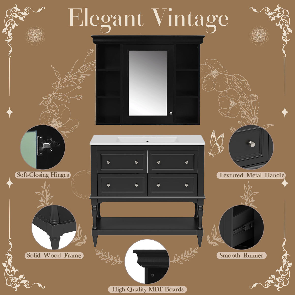 Bathroom Vanity With Medicine Cabinet, Storage Cabinet With 4 Drawers, Adjustable Shelf Mirror