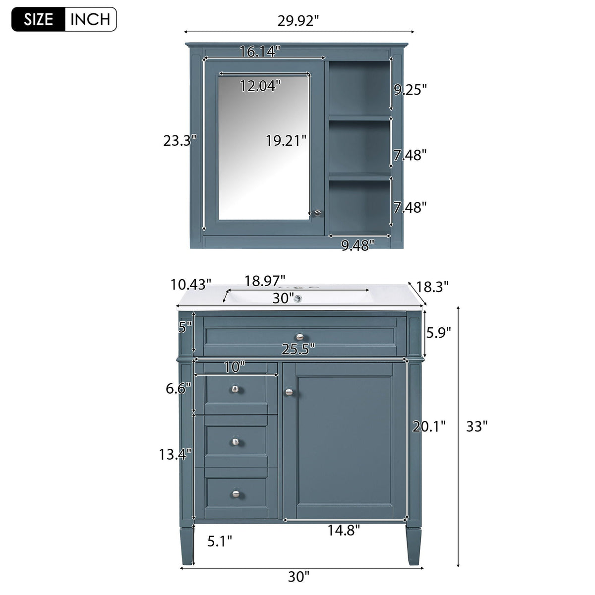 Bathroom Vanity With Medicine Cabinet, Royal Mirror Cabinet, Modern Bathroom Storage Cabinet With 2 Soft Closing Doors And 4 Drawers