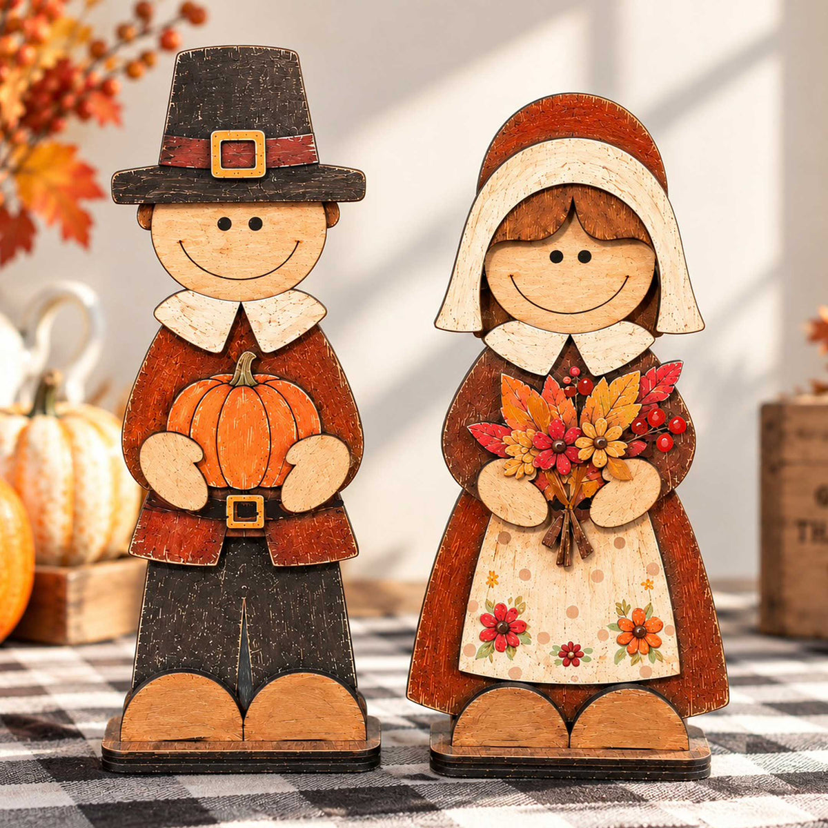 Thanksgiving Pilgrim Couple Wooden Tabletop Decoration Set of 2 – Handcrafted Fall Harvest Décor by G. Debrekht - 862111-OP-S2