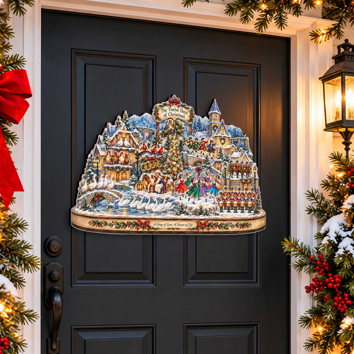 Twelve Days of Christmas Village Wooden Door Hanger – Holiday Wall Art by G. Debrekht - 8652911H