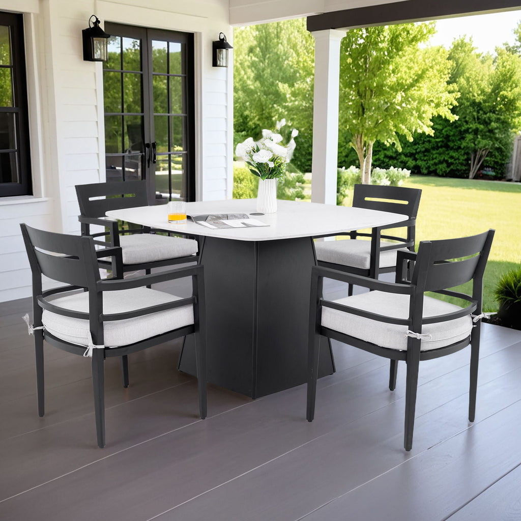 Outdoor Patio Dining Set, Squircle Dining Table, Dining Chairs With Sunbrella Cushions