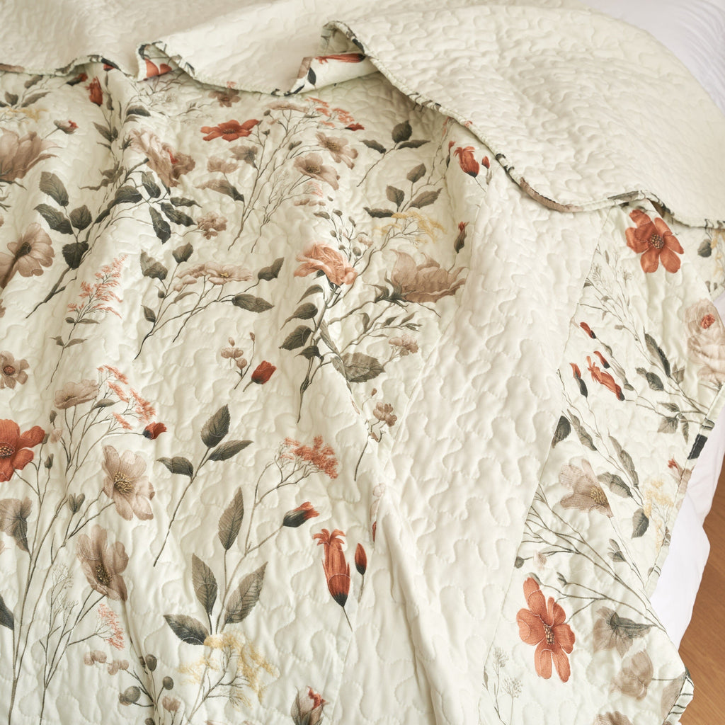 DaDalogy Enchanted Meadow Bed in a bag Set - Victoria Garden Delicate Floral Symphony in Beige, Rose, and Soft Green, Luxuriously Soft Quilted Set
