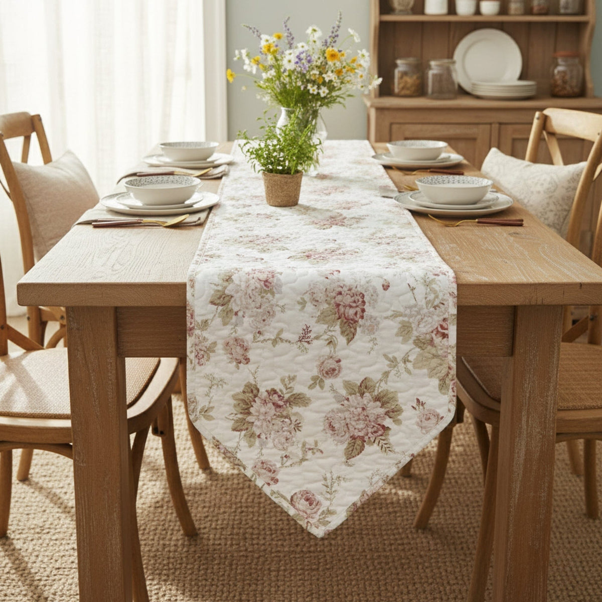 DaDa Bedding Hint of Mint Cottage Floral Roses Quilted Cotton Dining Table Runner (3036)