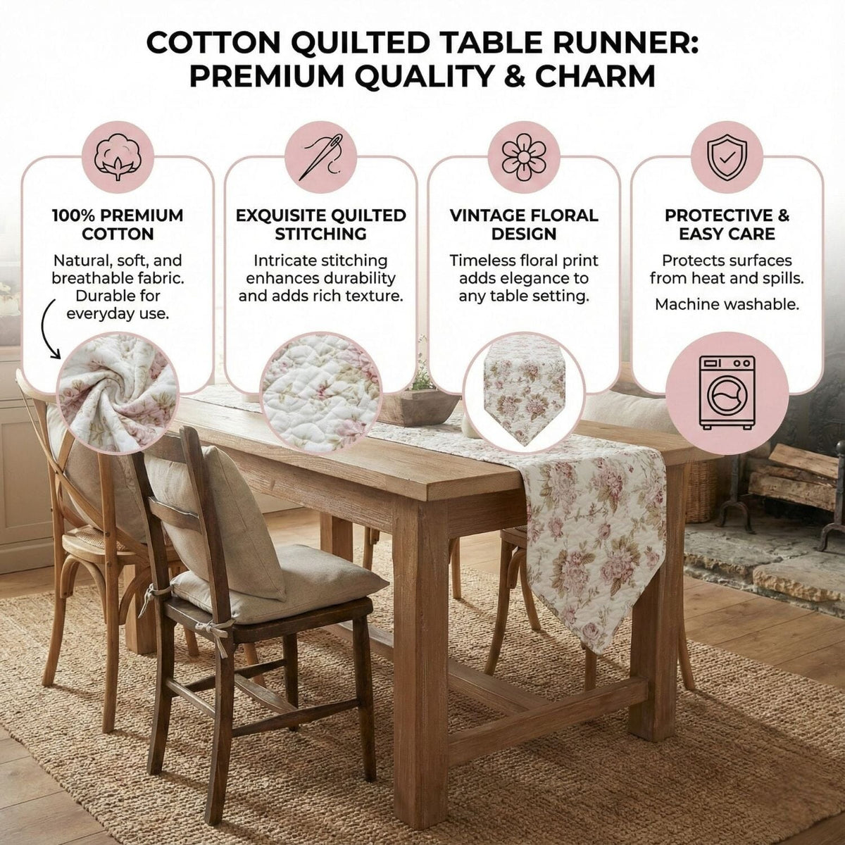 DaDa Bedding Hint of Mint Cottage Floral Roses Quilted Cotton Dining Table Runner (3036)