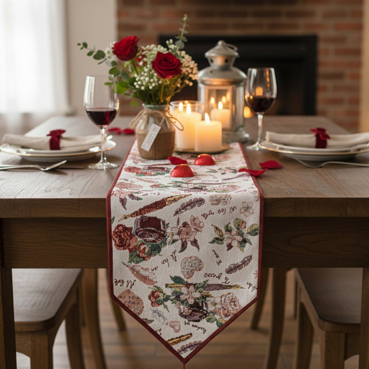 DaDa Bedding Sweet Heart Love Notes Pink Floral Woven Tapestry Dining Table Runner (18273)
