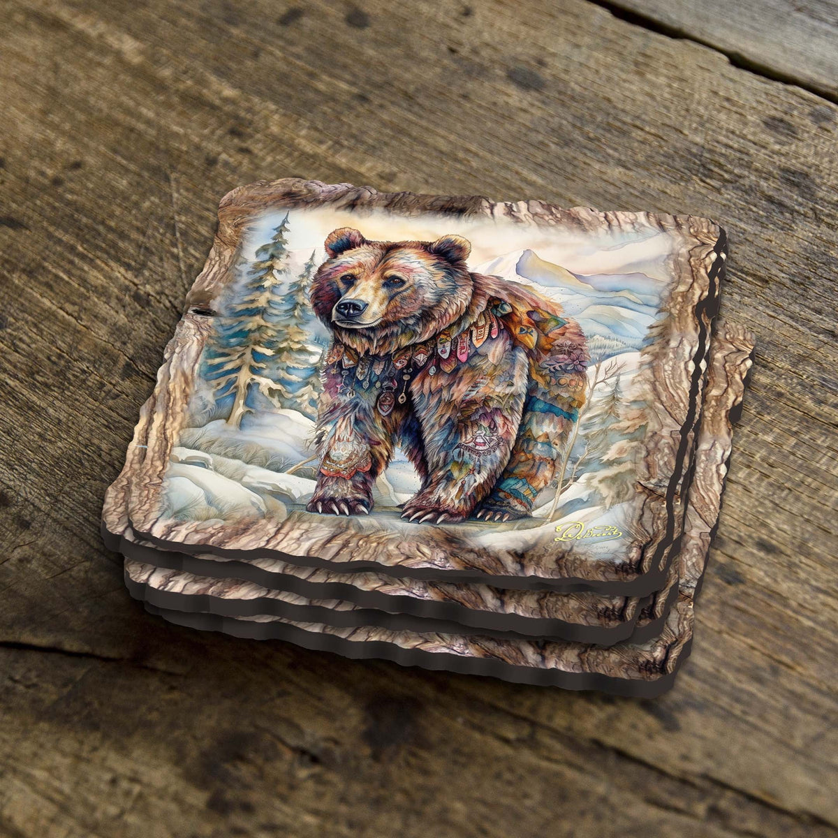 Grizzly Bear Wooden Cork Coasters Gift Set of 4 by Nature Wonders Nature Wildlife Decor  - 95397C-S4