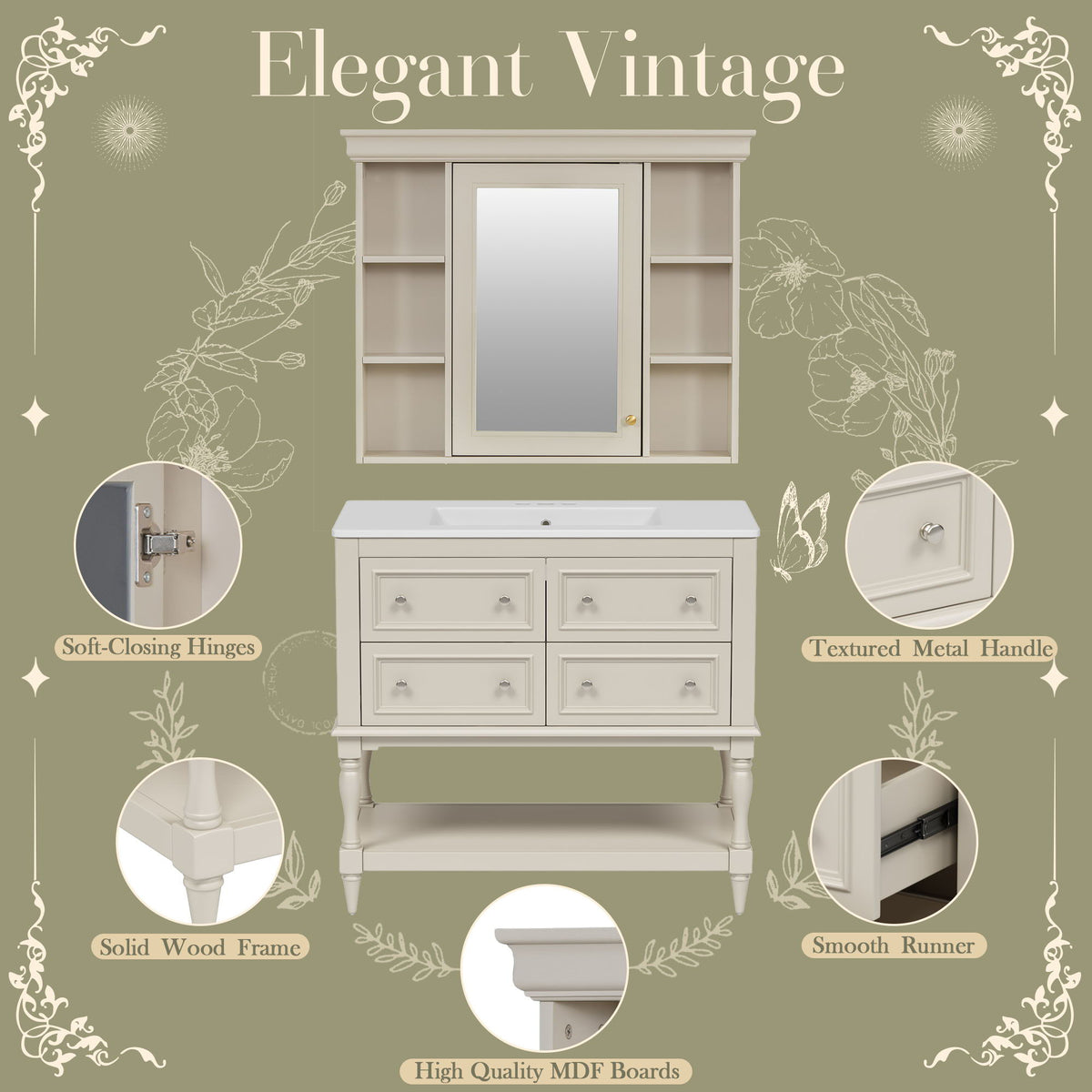 Bathroom Vanity With Medicine Cabinet, Storage Cabinet With 4 Drawers, Adjustable Shelf Mirror