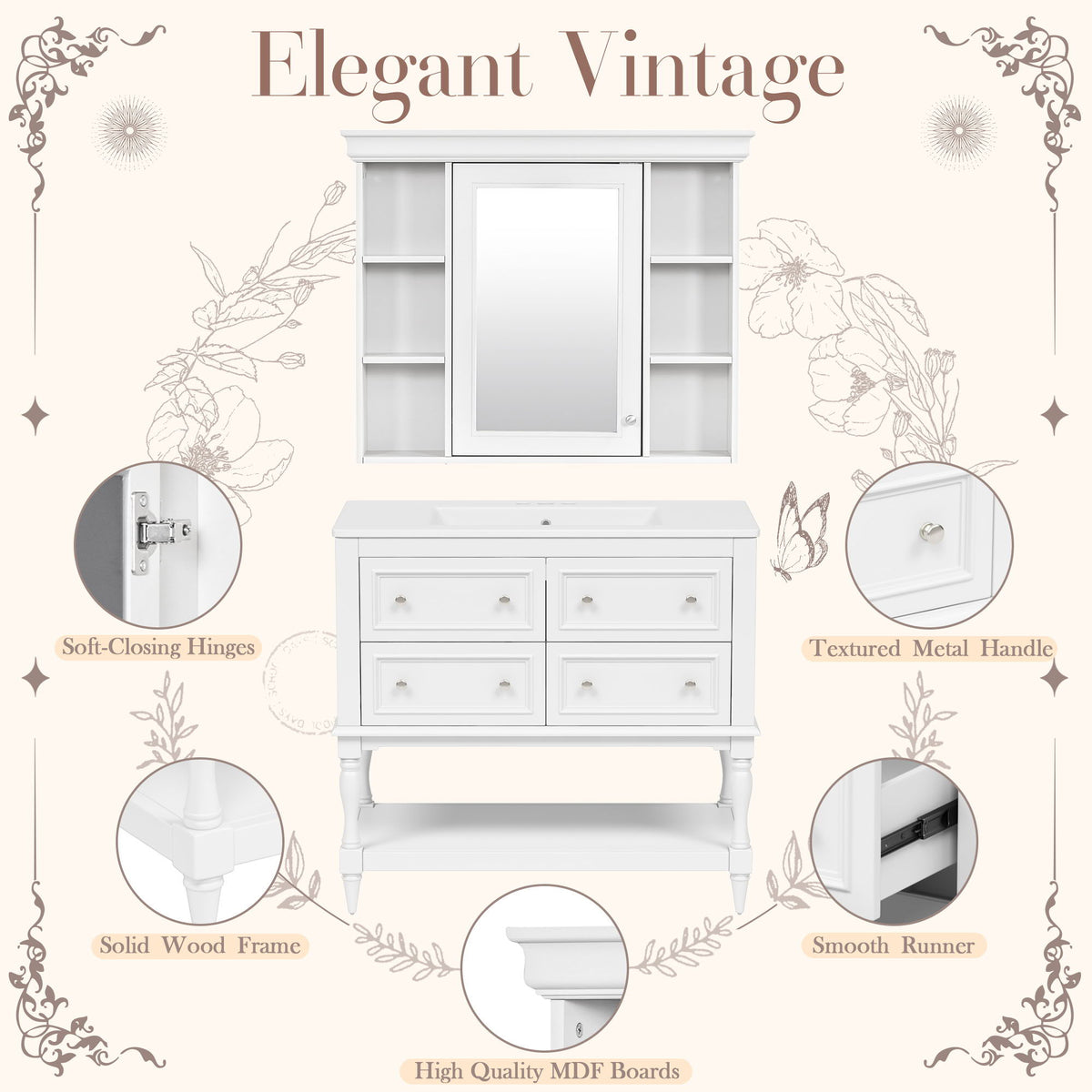 Bathroom Vanity With Medicine Cabinet, Storage Cabinet With 4 Drawers, Adjustable Shelf Mirror