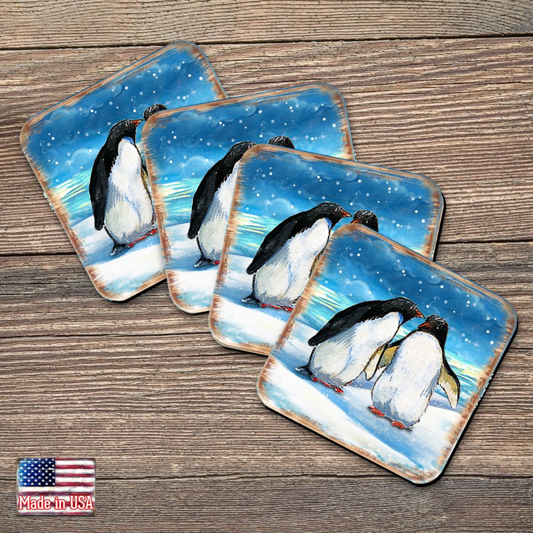 Penguins Coastal Wooden Cork Coasters Gift Set of 4 by Nature Wonders - Coastal Sea-Life Decor - 8198542C-S4